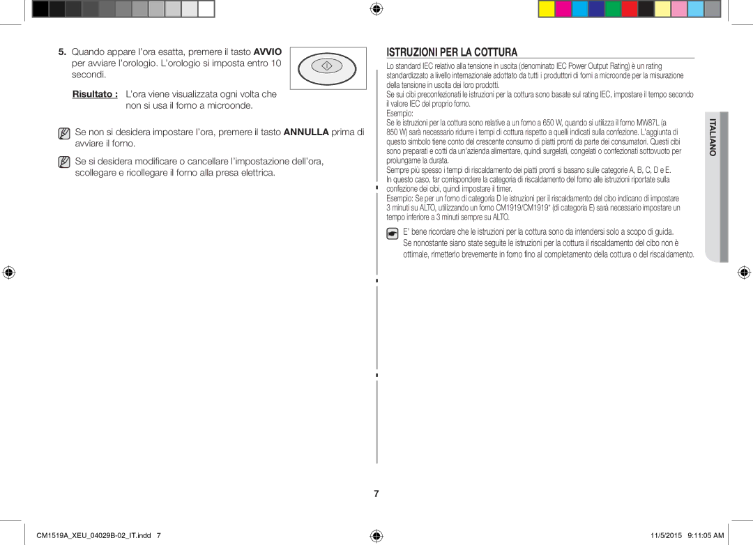 Samsung CM1919/SW, CM1919/XEN manual Istruzioni PER LA Cottura 