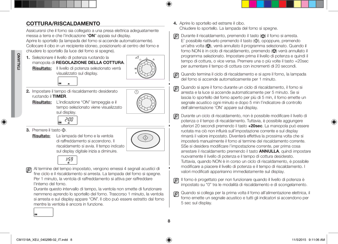 Samsung CM1919/XEN, CM1919/SW manual Cottura/Riscaldamento, Risultato, Manopola di Regolazione Della Cottura 