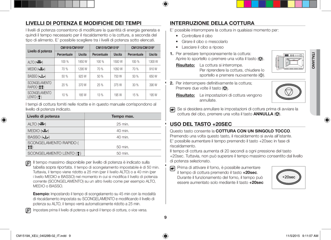 Samsung CM1919/SW, CM1919/XEN Livelli DI Potenza E Modifiche DEI Tempi, Interruzione Della Cottura, USO DEL Tasto +20SEC 