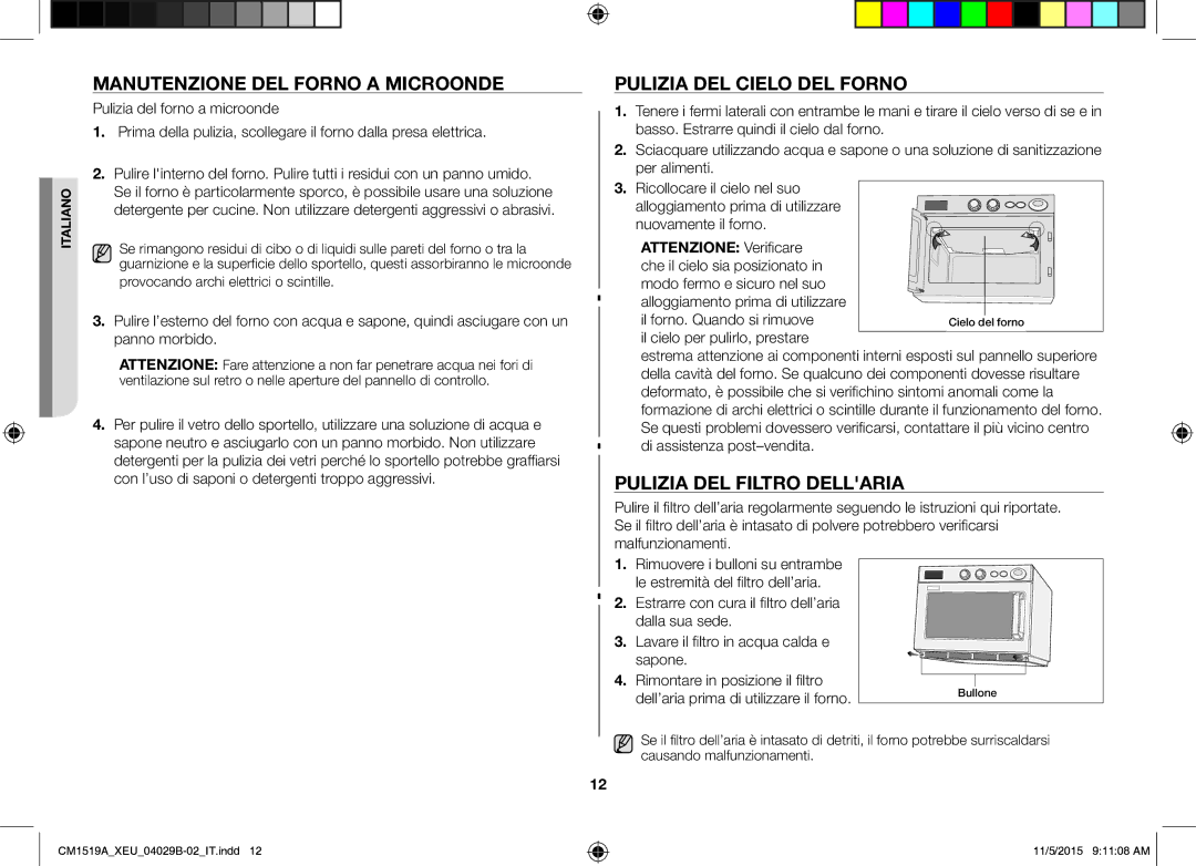 Samsung CM1919/XEN, CM1919/SW Manutenzione DEL Forno a Microonde, Pulizia DEL Cielo DEL Forno, Pulizia DEL Filtro Dellaria 