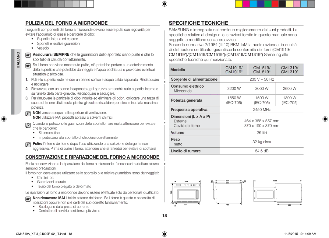 Samsung CM1919/XEN, CM1919/SW manual Pulizia DEL Forno a Microonde, Specifiche Tecniche, Modello 