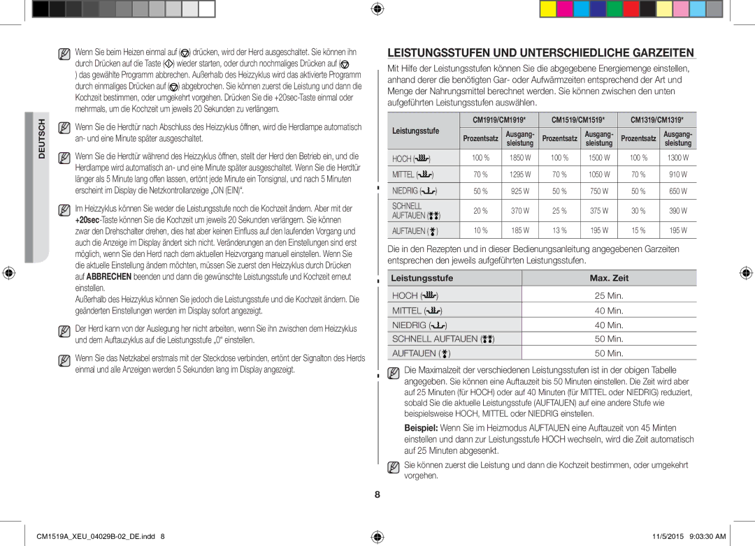 Samsung CM1919/XEN, CM1919/SW manual Leistungsstufen UND Unterschiedliche Garzeiten 