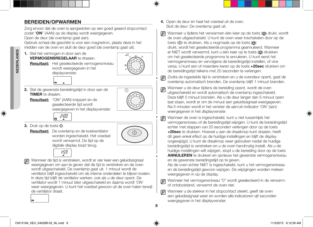 Samsung CM1919/XEN, CM1919/SW manual Bereiden/Opwarmen 