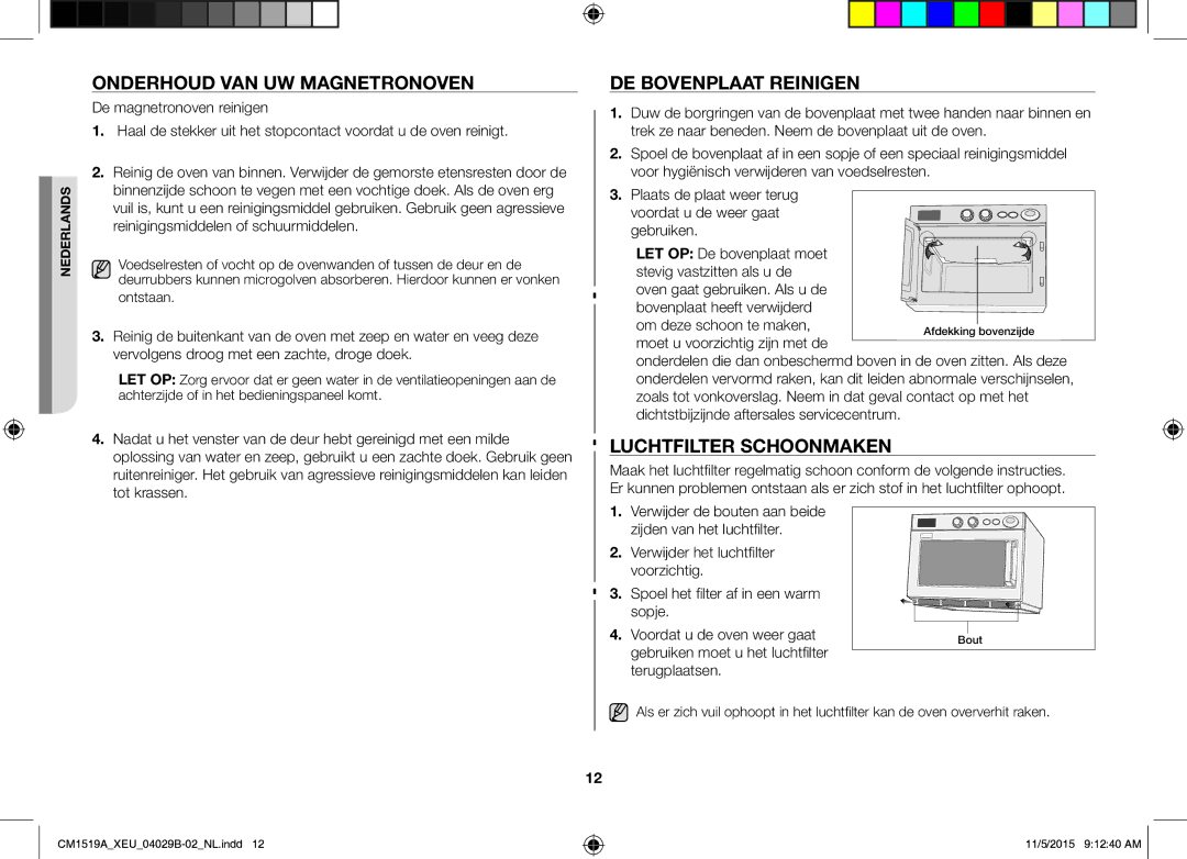 Samsung CM1919/XEN, CM1919/SW manual Onderhoud VAN UW Magnetronoven, DE Bovenplaat Reinigen, Luchtfilter Schoonmaken 