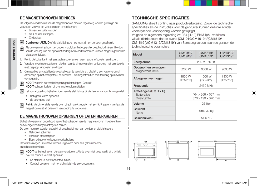 Samsung CM1919/XEN manual DE Magnetronoven Reinigen, DE Magnetronoven Opbergen of Laten Repareren, Technische Specificaties 