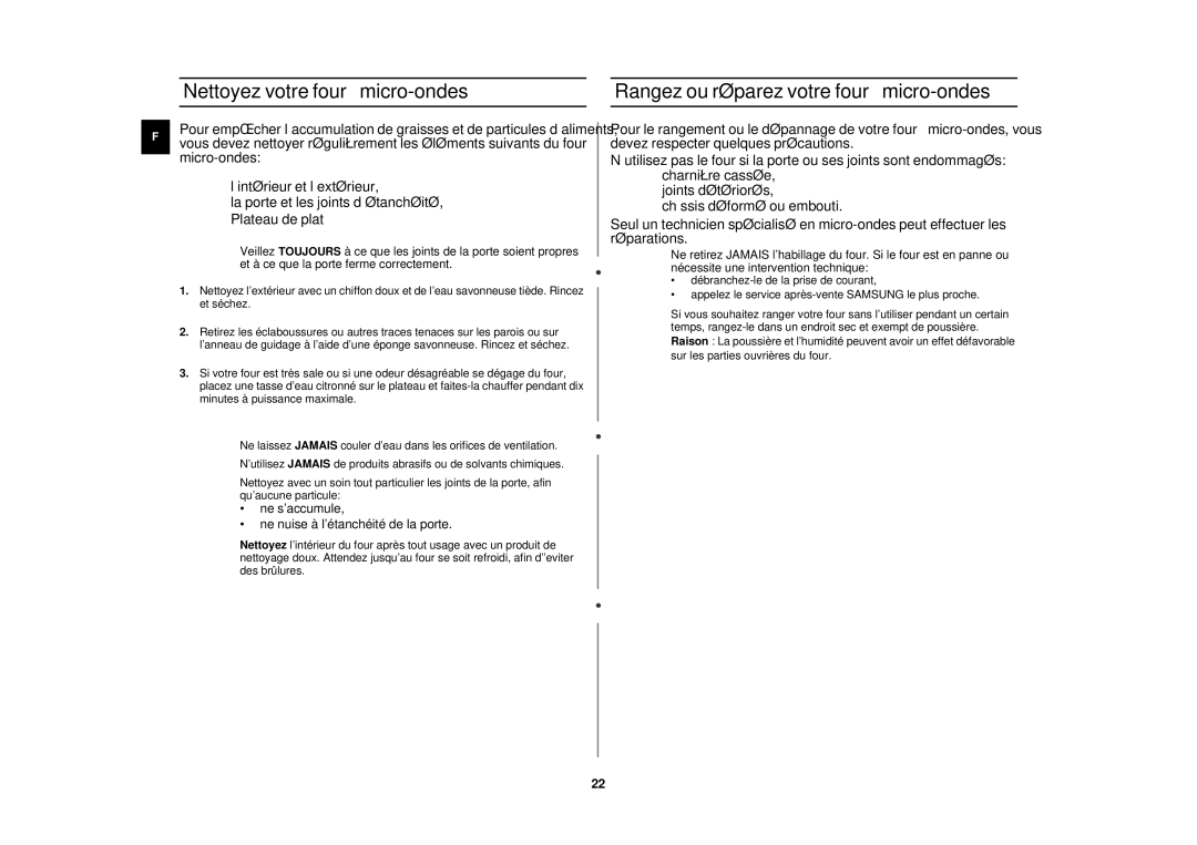 Samsung CM1929/XEF, CM1329/XEF manual Nettoyez votre four à micro-ondes, Rangez ou réparez votre four à micro-ondes 