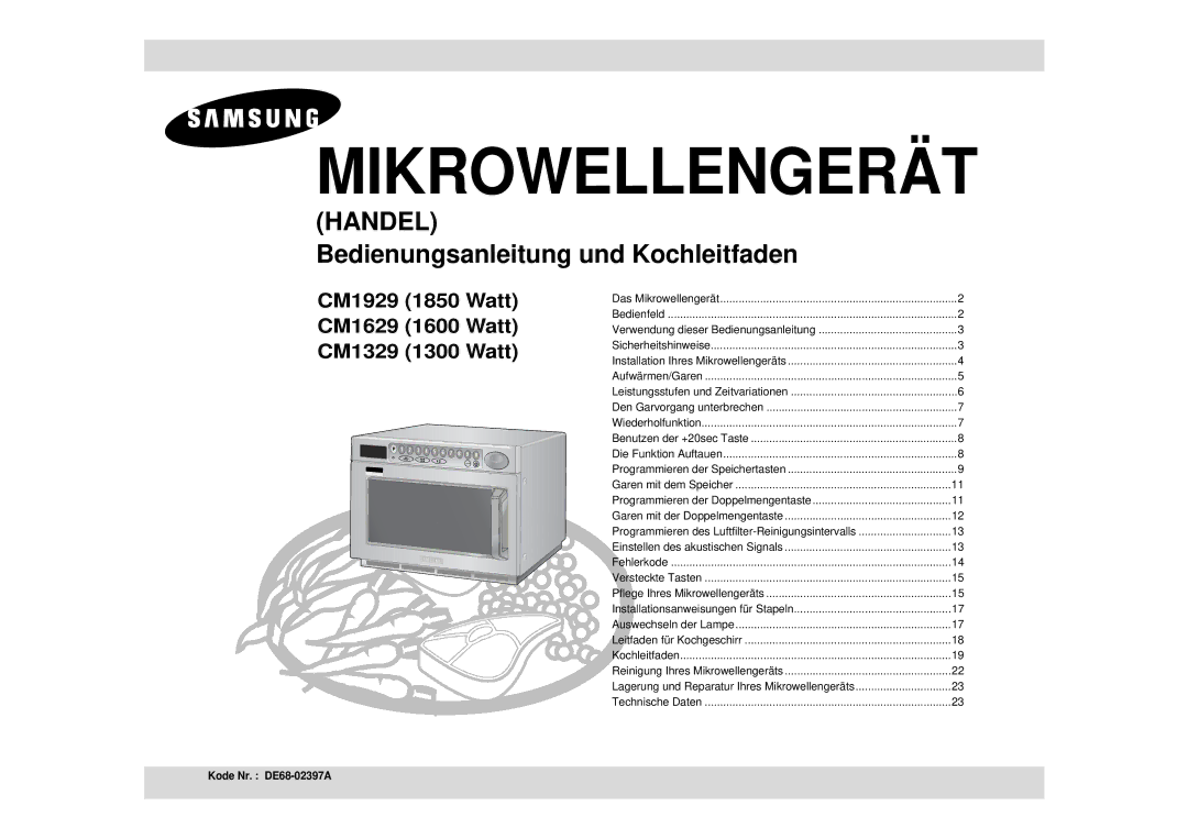 Samsung CM1929/XEG manual Mikrowellengerät, Kode Nr. DE68-02397A 