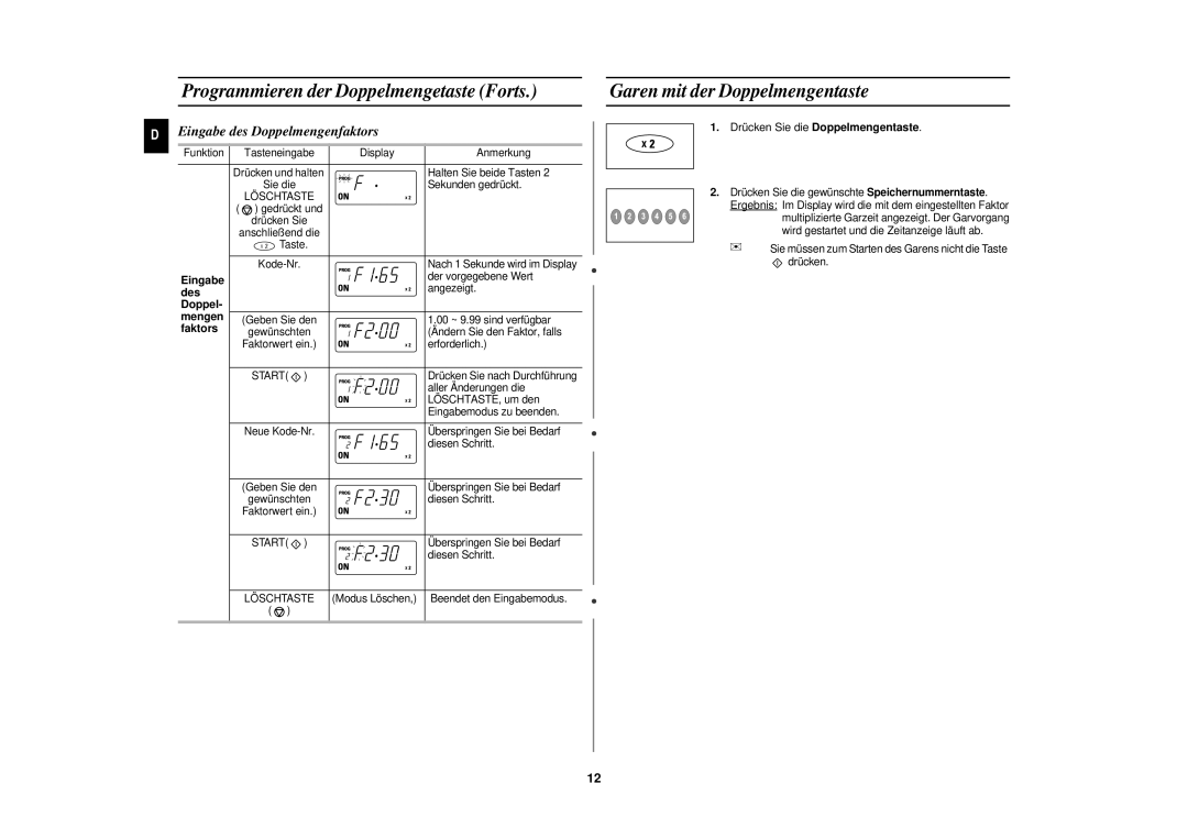 Samsung CM1929/XEG manual Programmieren der Doppelmengetaste Forts, Garen mit der Doppelmengentaste 