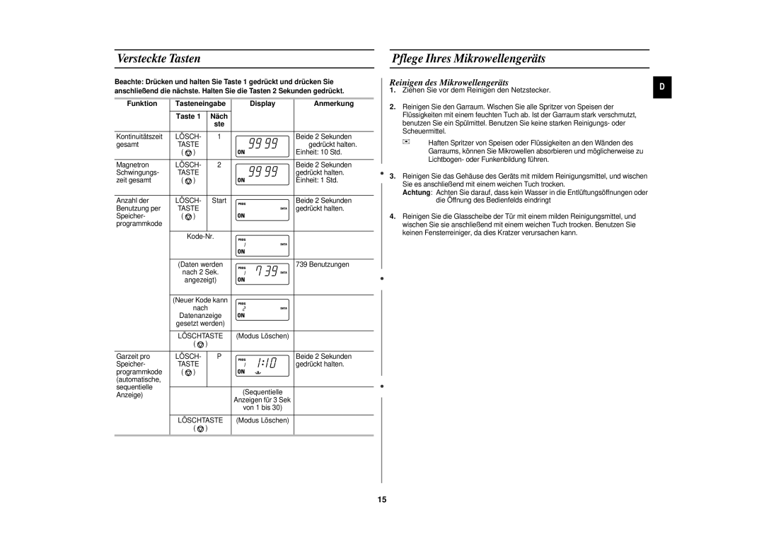 Samsung CM1929/XEG manual Versteckte Tasten Pflege Ihres Mikrowellengeräts, Reinigen des Mikrowellengeräts, Funktion 