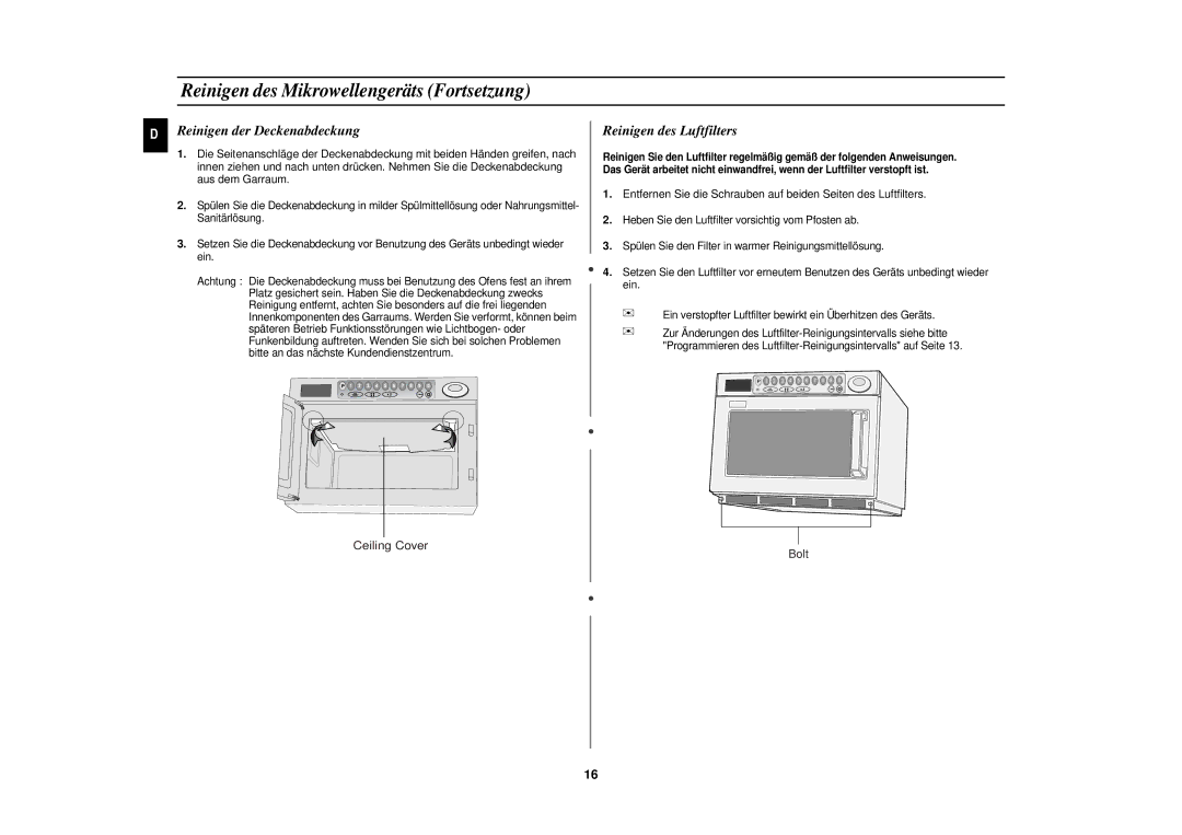 Samsung CM1929/XEG Reinigen des Mikrowellengeräts Fortsetzung, Reinigen der Deckenabdeckung, Reinigen des Luftfilters 