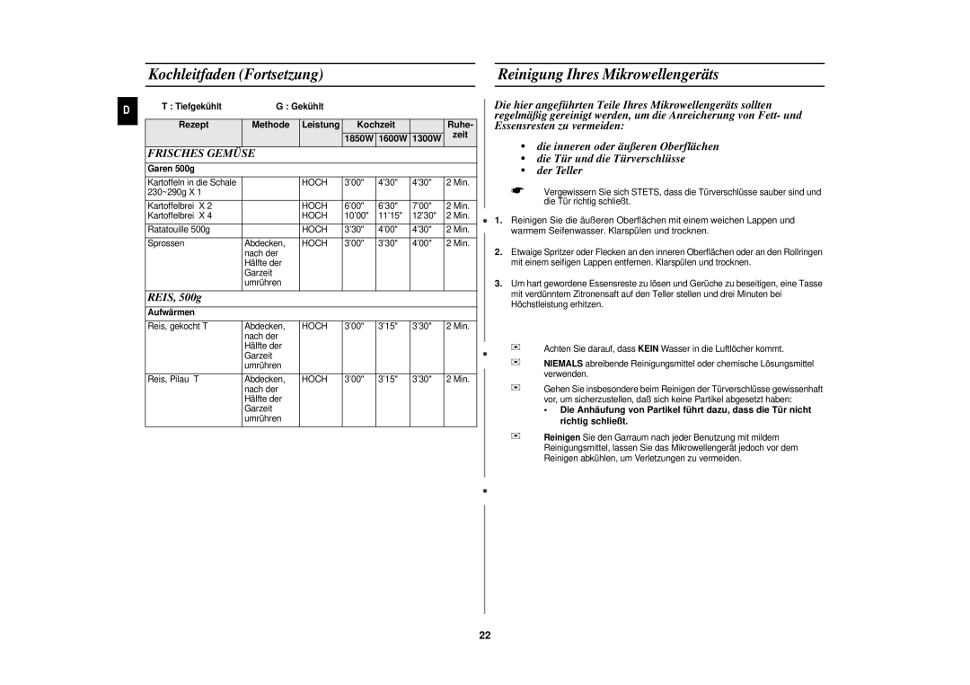 Samsung CM1929/XEG manual Kochleitfaden Fortsetzung Reinigung Ihres Mikrowellengeräts, REIS, 500g 