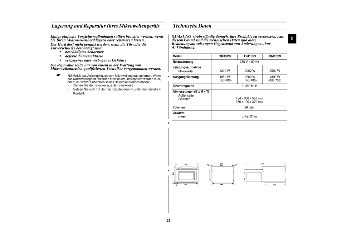 Samsung CM1929/XEG manual Lagerung und Reparatur Ihres Mikrowellengeräts, Technische Daten 
