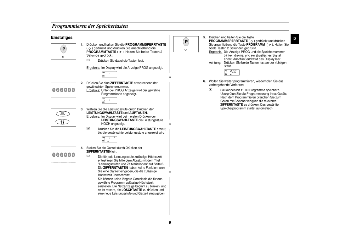 Samsung CM1929/XEG manual Programmieren der Speichertasten, Einstufiges, Leistungswahltaste die Leistungsstufe 