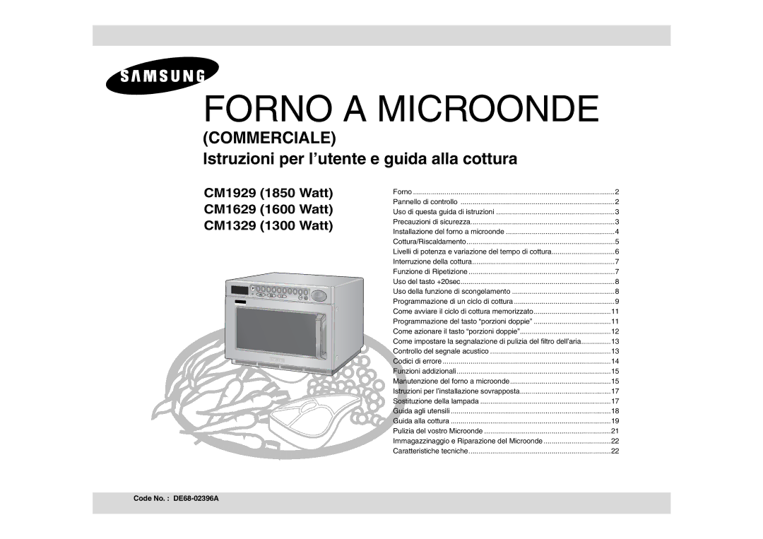 Samsung CM1629/XET, CM1929/XET, CM1329/XET manual Forno a Microonde, Code No. DE68-02396A 