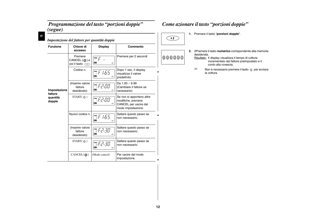 Samsung CM1929/XET, CM1629/XET manual Programmazione del tasto porzioni doppie segue, Come azionare il tasto porzioni doppie 