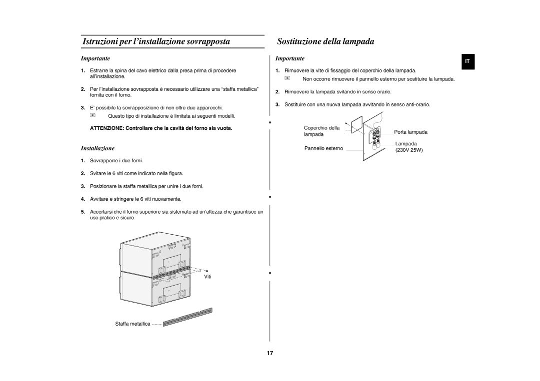 Samsung CM1329/XET manual Istruzioni per l’installazione sovrapposta, Sostituzione della lampada, Importante, Installazione 