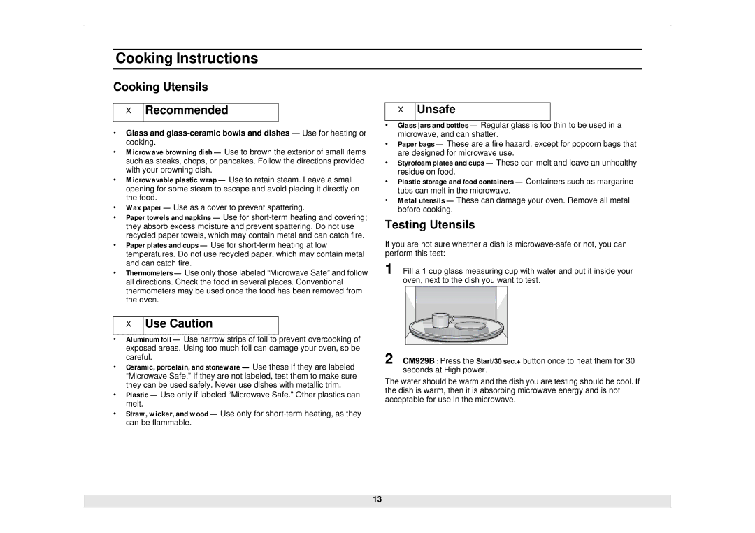 Samsung CM929B owner manual Cooking Instructions, Cooking Utensils Recommended, Use Caution, Unsafe, Testing Utensils 