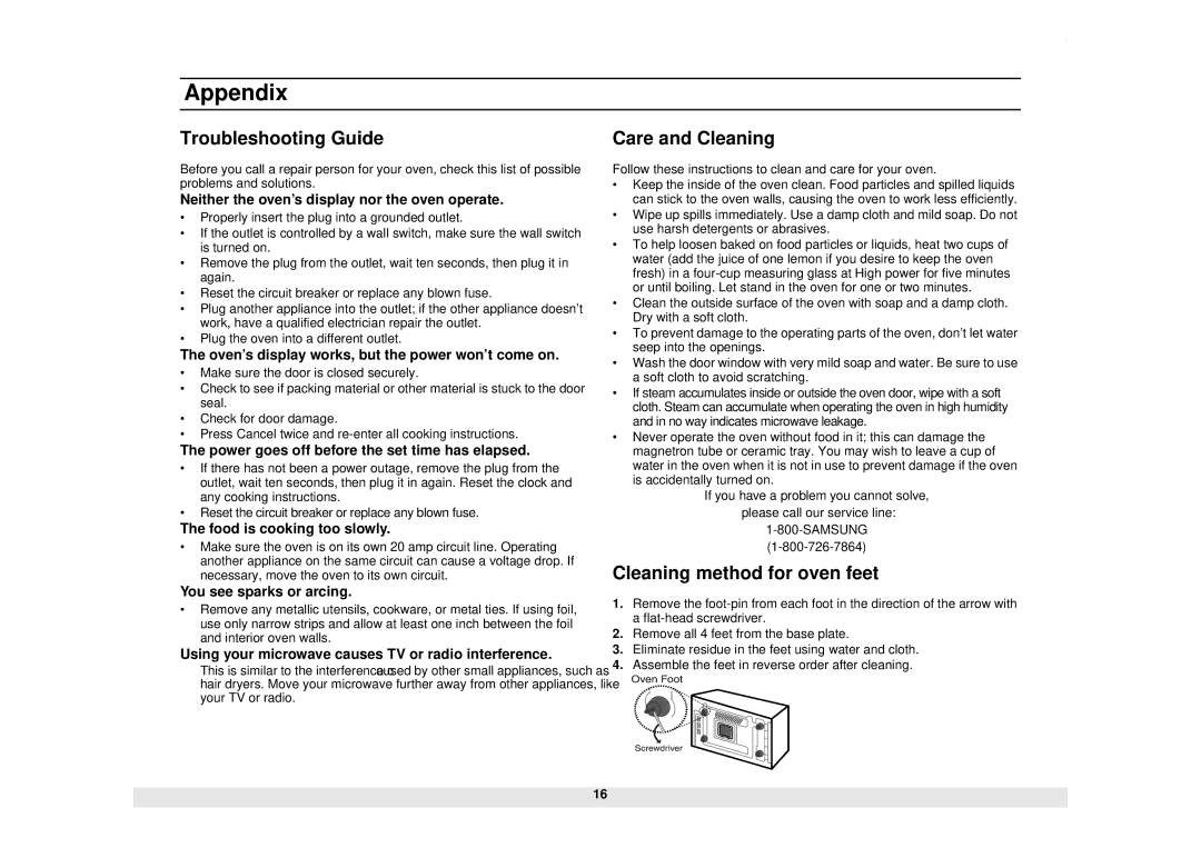 Samsung CM929B owner manual Appendix, Troubleshooting Guide, Care and Cleaning, Cleaning method for oven feet 