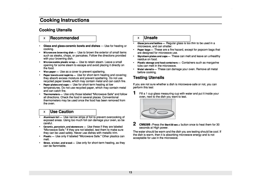 Samsung CM929B owner manual Cooking Instructions, Cooking Utensils XRecommended, XUse Caution, X Unsafe, Testing Utensils 