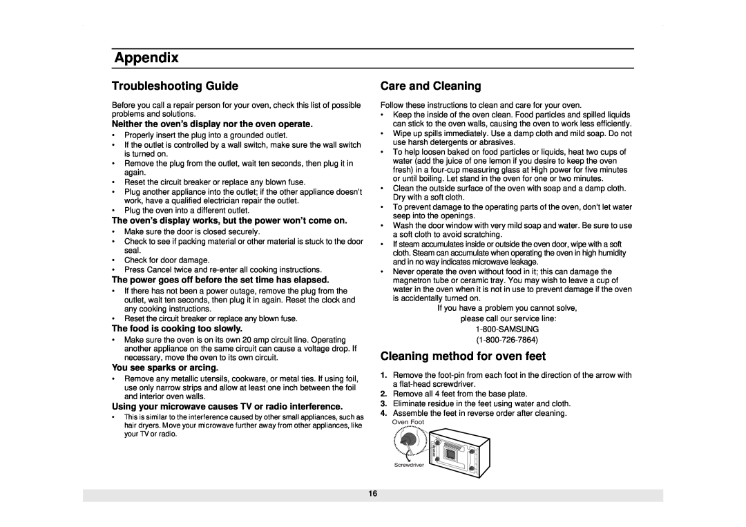 Samsung CM929B owner manual Appendix, Troubleshooting Guide, Care and Cleaning, Cleaning method for oven feet 