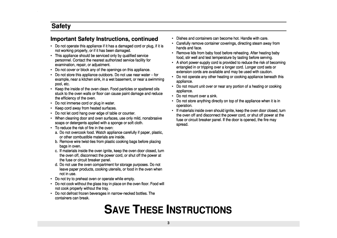 Samsung CM929B owner manual Important Safety Instructions, continued, Save These Instructions 