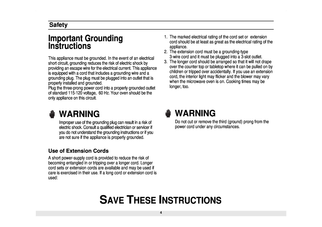 Samsung CM929B owner manual Use of Extension Cords, Save These Instructions, Important Grounding Instructions, Safety 