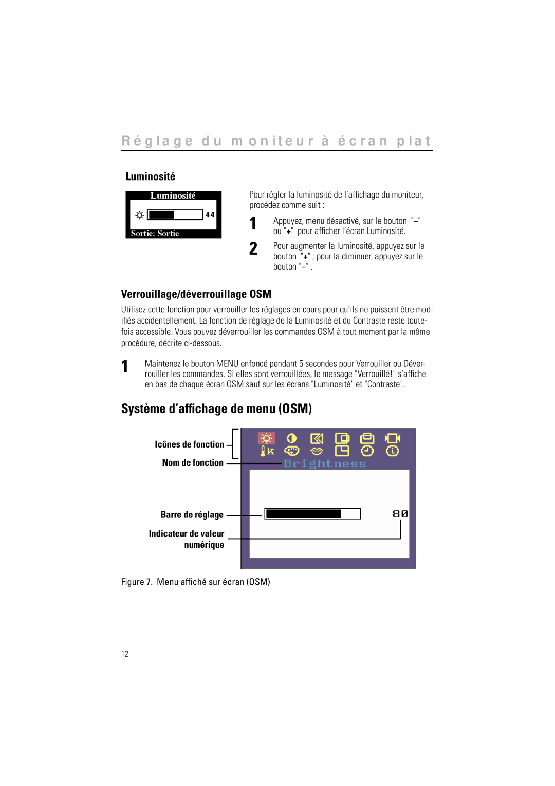 Samsung CN15LSAN, RN15LSTPS/EDC manual Système d’afﬁchage de menu OSM, Luminosité, Verrouillage/déverrouillage OSM, Bouton 