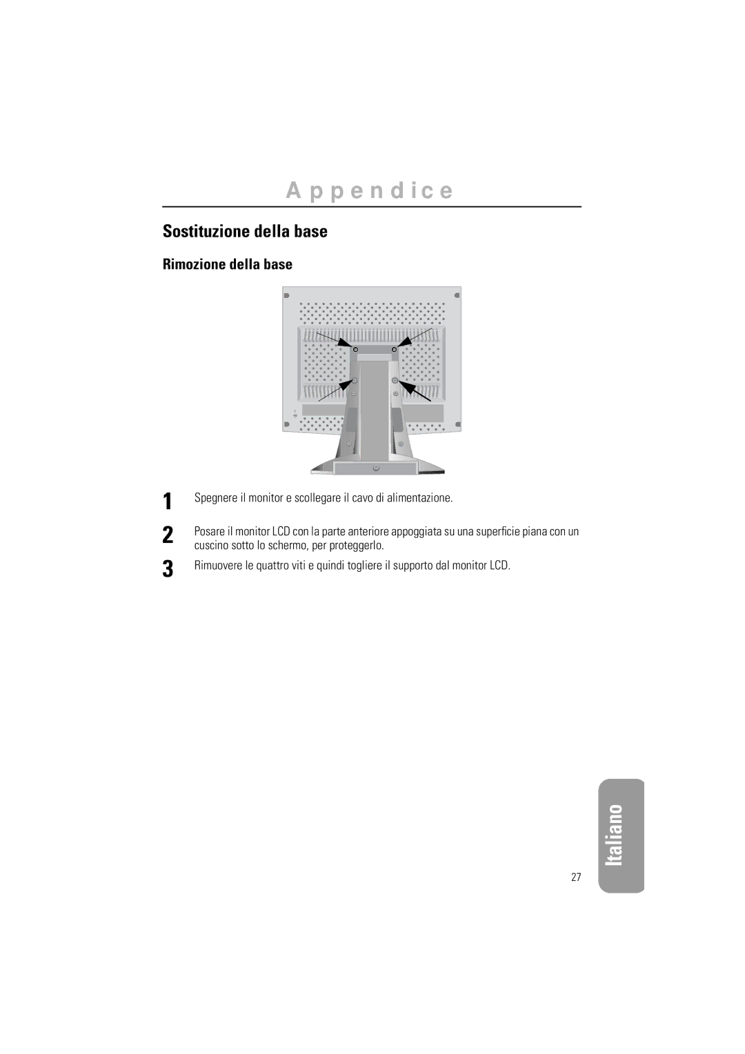 Samsung RN15LSTAN/EDC manual Sostituzione della base, Rimozione della base, Cuscino sotto lo schermo, per proteggerlo 