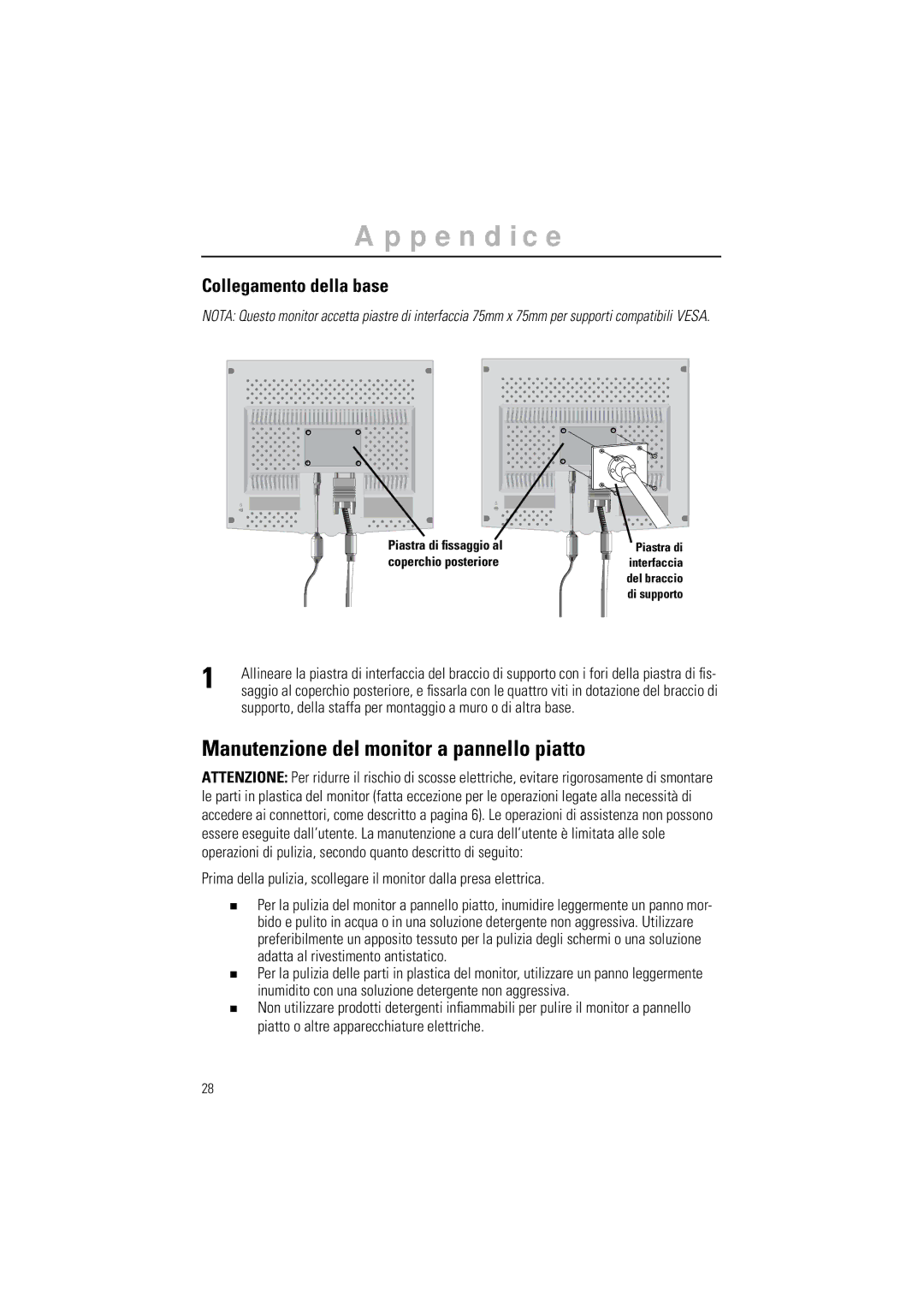 Samsung CN15LSAN/EDC, CN15LSPS/EDC, RN15LSTSN/EDC manual Manutenzione del monitor a pannello piatto, Collegamento della base 