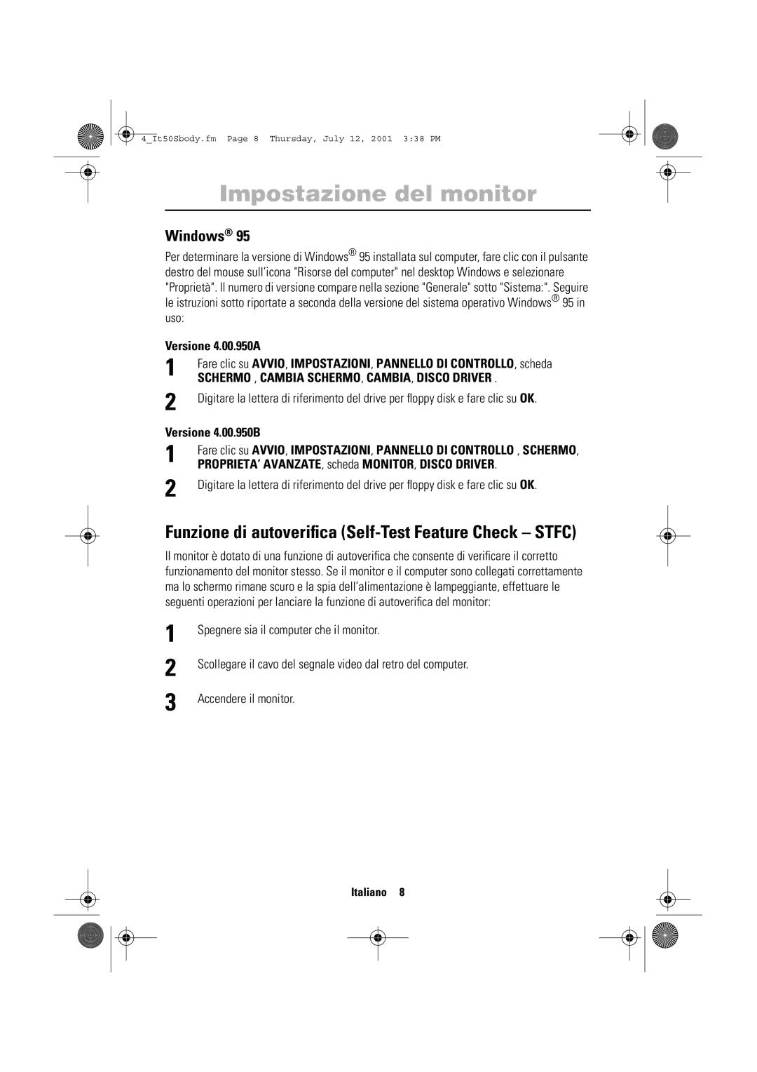 Samsung CN15LTNSN/XEG manual Funzione di autoveriﬁca Self-Test Feature Check Stfc, Versione 4.00.950A, Versione 4.00.950B 