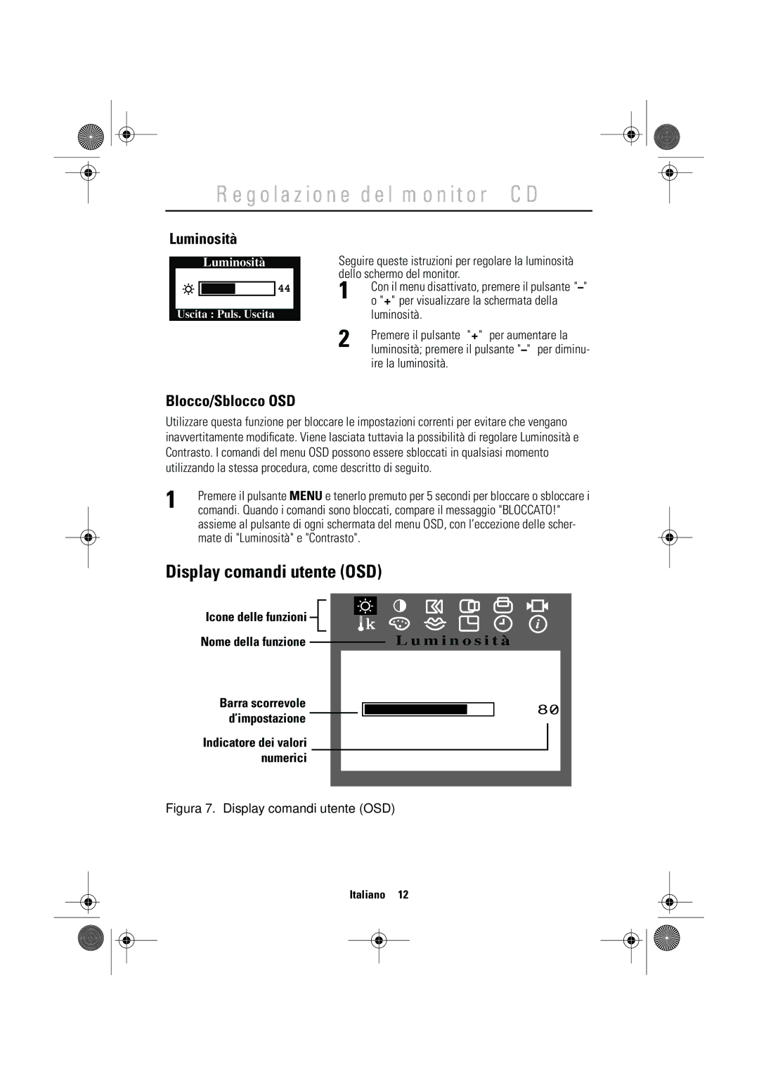 Samsung CN15LTNSN/XEG, CN15LTSN/XEG manual Display comandi utente OSD, Luminosità, Blocco/Sblocco OSD, Ire la luminosità 