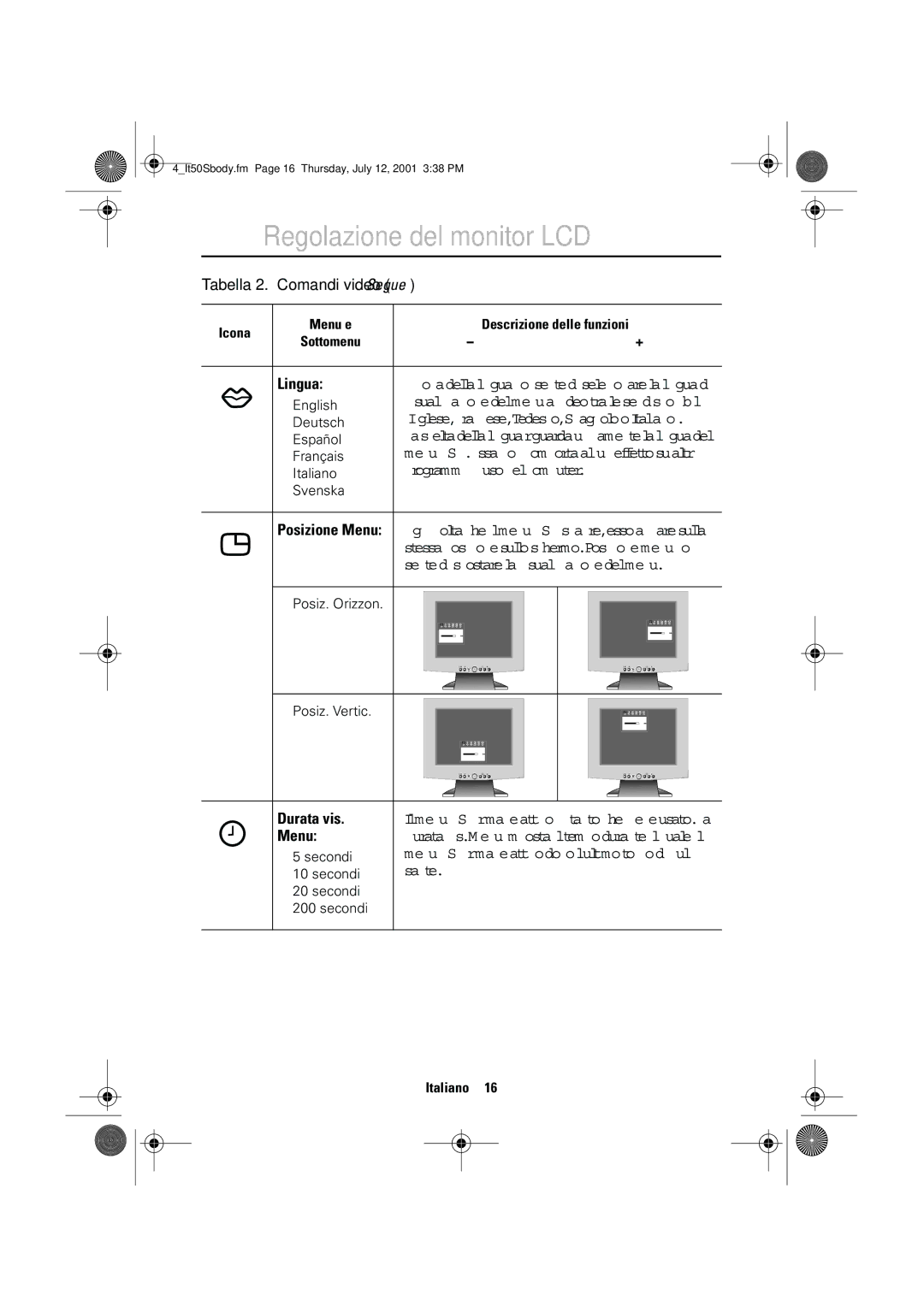 Samsung CN15LTNSN/XEG, CN15LTSN/XEG manual Lingua, Programmi in uso nel computer, Durata vis, Menu, Sante 