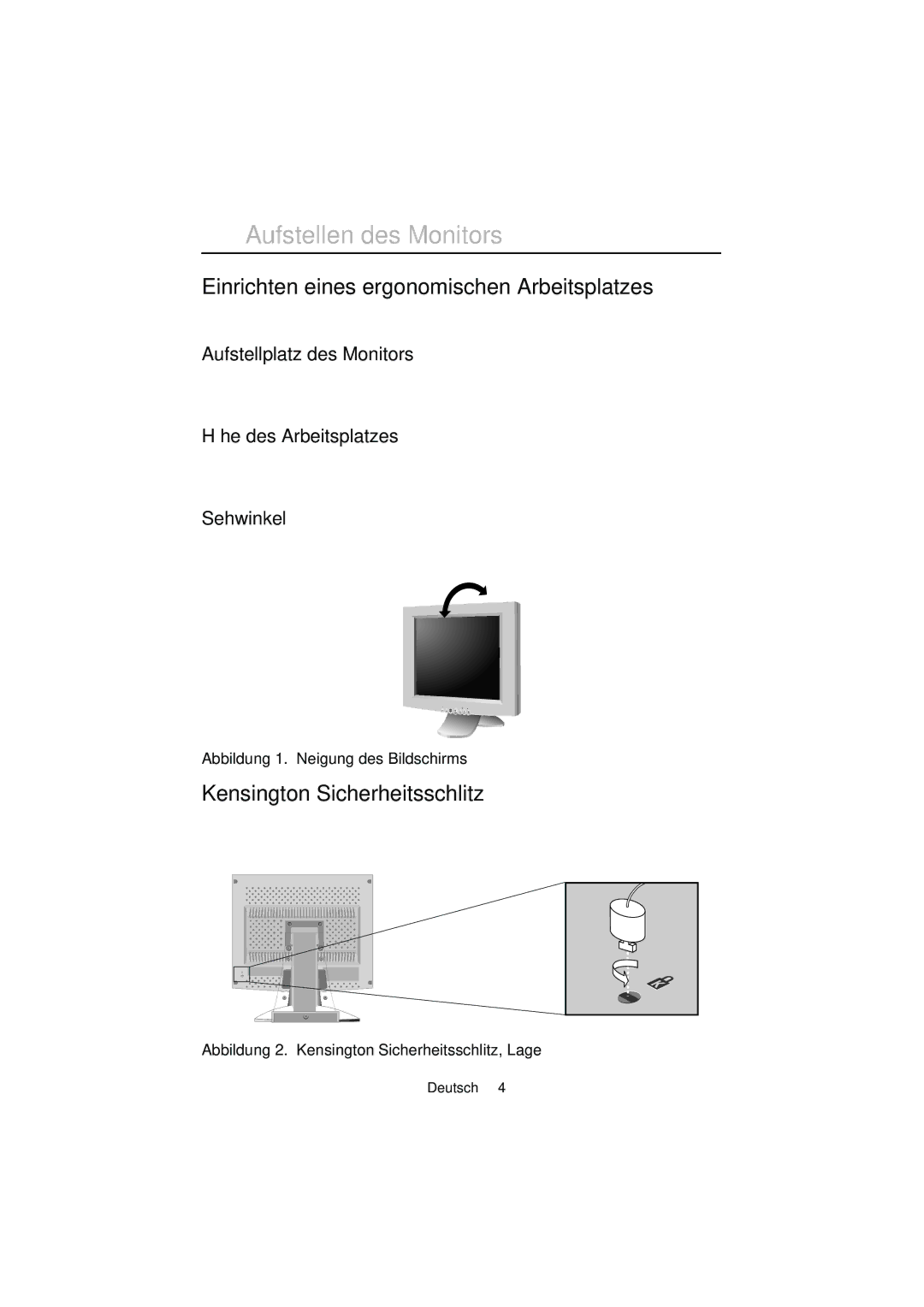 Samsung CN15MSAAN/EDC manual Einrichten eines ergonomischen Arbeitsplatzes, Kensington Sicherheitsschlitz, Sehwinkel 