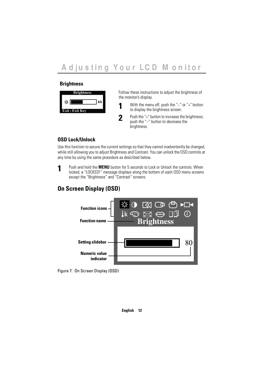 Samsung CN15MSAPS/EDC, CN15MSPN/EDC manual On Screen Display OSD, Brightness, OSD Lock/Unlock, Function icons Function name 