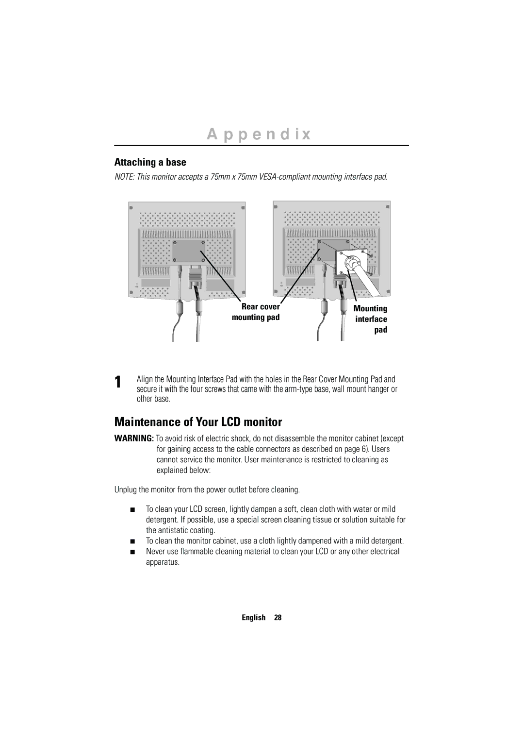 Samsung CN15MSPS/EDC, CN15MSPN/EDC, RN15MSSPS/EDC manual Maintenance of Your LCD monitor, Attaching a base, Other base 