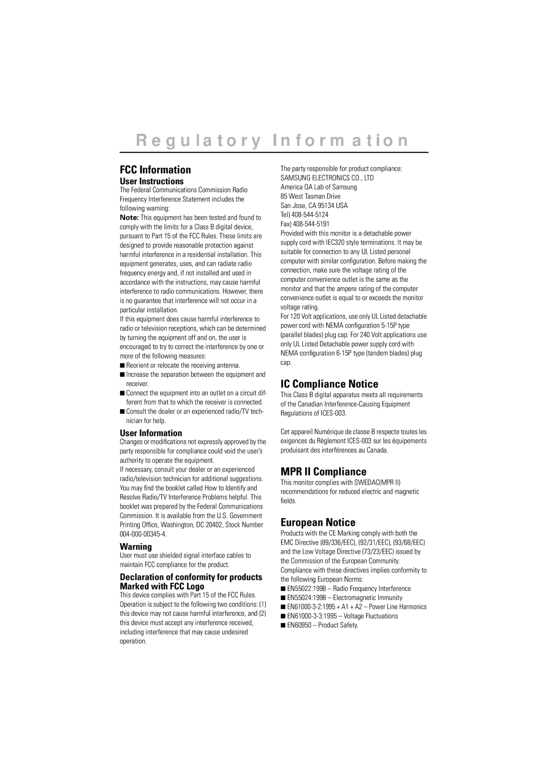 Samsung CN15MSAPS/EDC Regulatory Information, FCC Information, IC Compliance Notice, MPR II Compliance, European Notice 