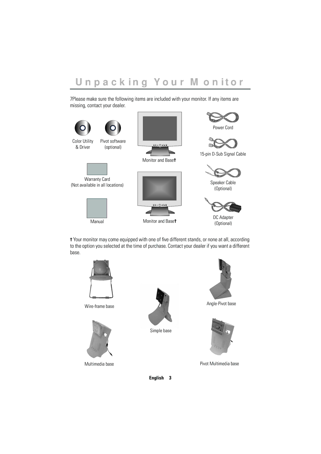 Samsung RN15MSSFN/EDC, CN15MSPN/EDC, RN15MSSPS/EDC, CN15MSAS/EDC, CN15MSAPS/XEU, RN15MSSMN/EDC manual Unpacking Your Monitor 