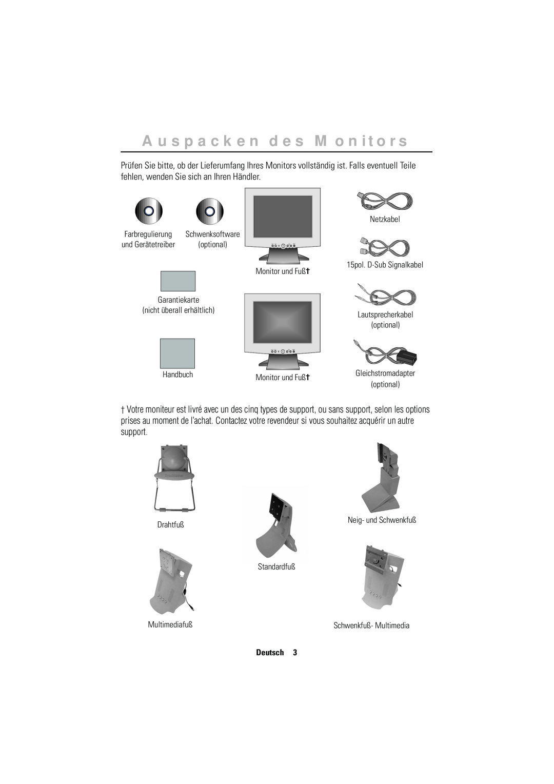 Samsung RN15MSSFN/EDC Auspacken des Monitors, Netzkabel, 15pol. D-Sub Signalkabel Monitor und Fuß† Garantiekarte, Handbuch 