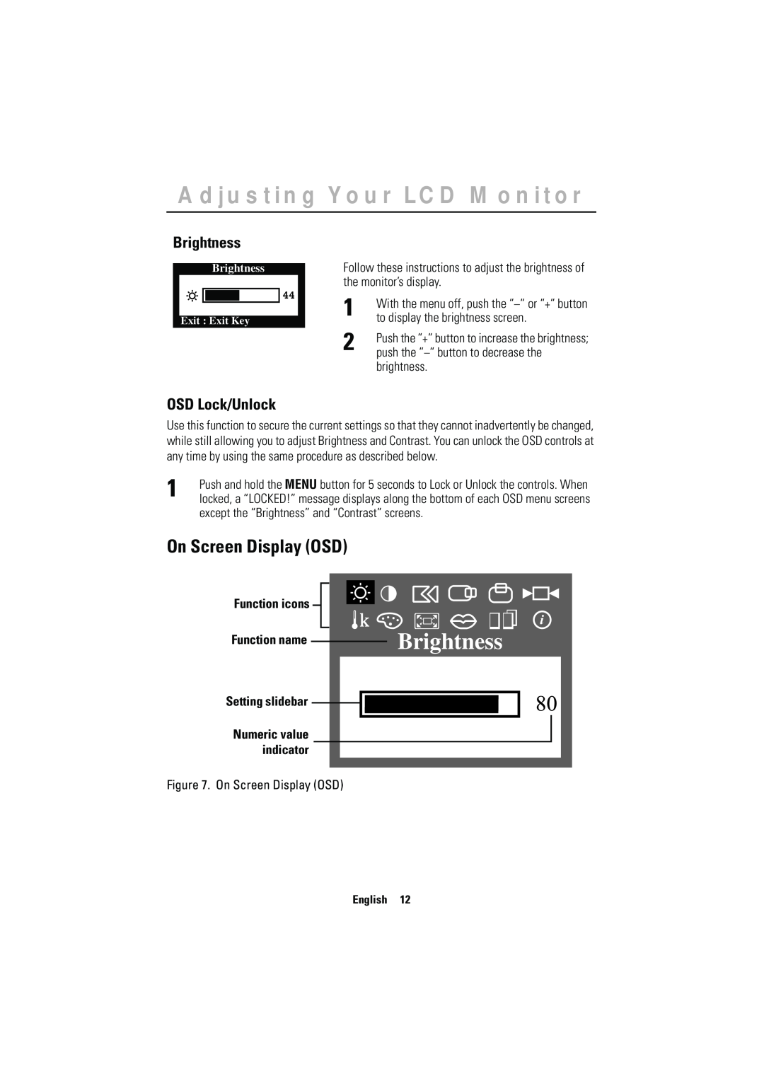 Samsung CN15MSAPS/EDC manual On Screen Display OSD, Brightness, OSD Lock/Unlock, Adjusting Your LCD Monitor, English 
