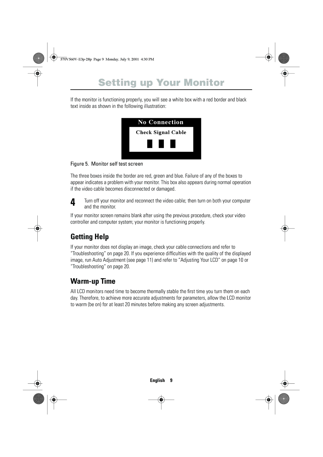 Samsung CN15VOSN/VNT manual Getting Help, Warm-up Time, Monitor 