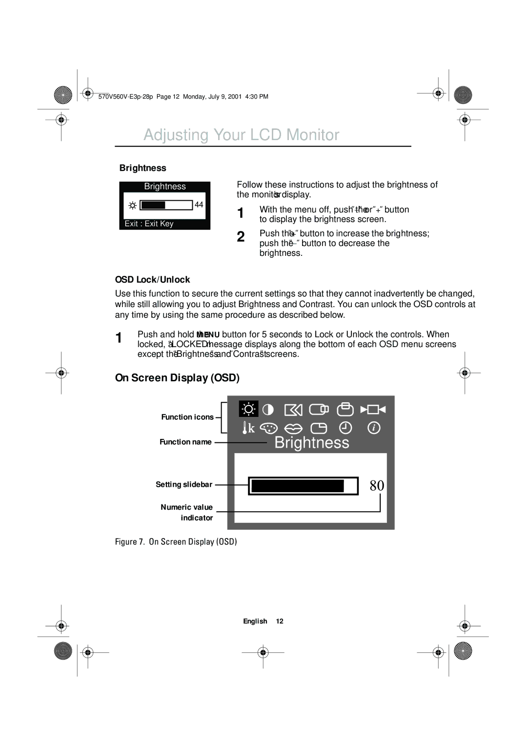 Samsung CN15VOSN/VNT manual On Screen Display OSD, Brightness, OSD Lock/Unlock, Function icons Function name 