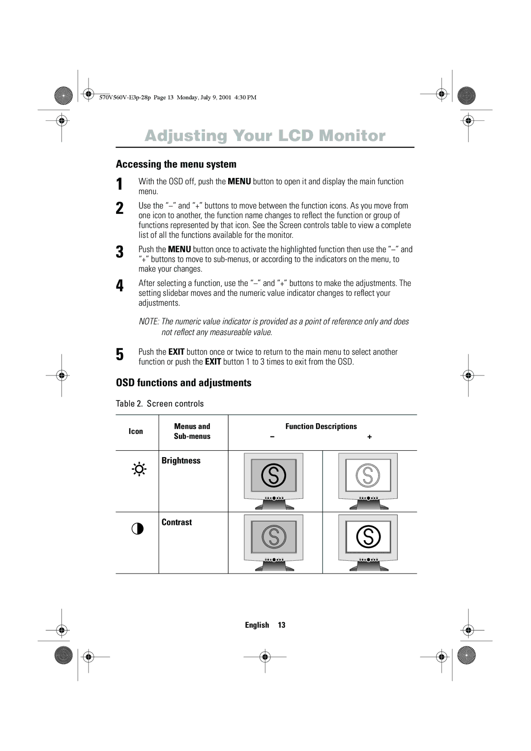 Samsung CN15VOSN/VNT manual Accessing the menu system, OSD functions and adjustments, Brightness Contrast 