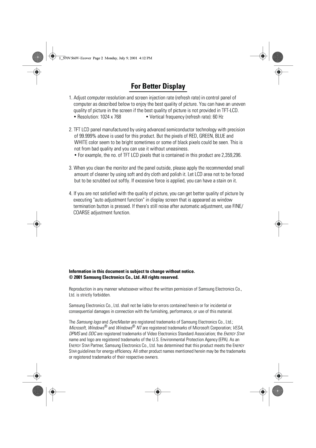 Samsung CN15VOSN/VNT manual For Better Display, Resolution 1024 x 