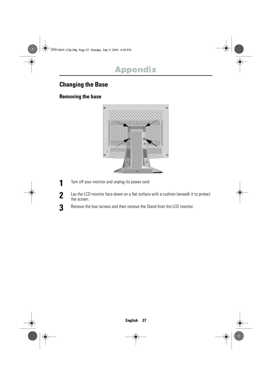 Samsung CN15VOSN/VNT manual Changing the Base, Removing the base, Turn off your monitor and unplug its power cord, Screen 