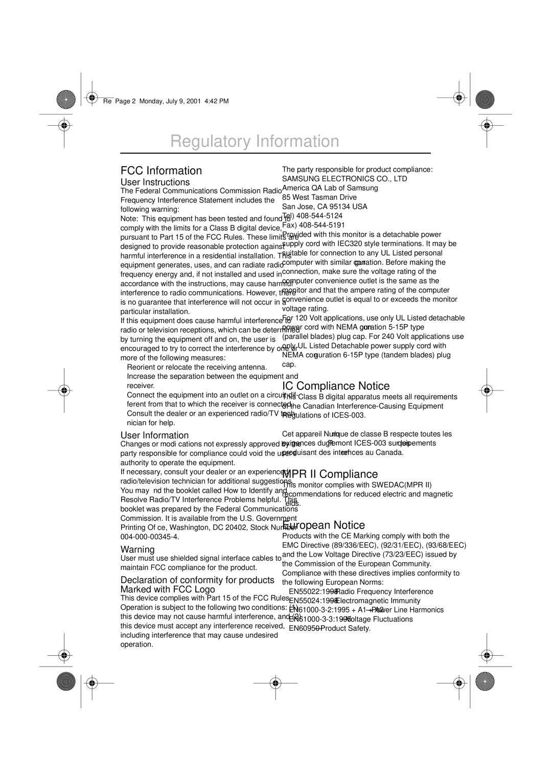 Samsung CN15VOSN/VNT Regulatory Information, FCC Information, IC Compliance Notice, MPR II Compliance, European Notice 