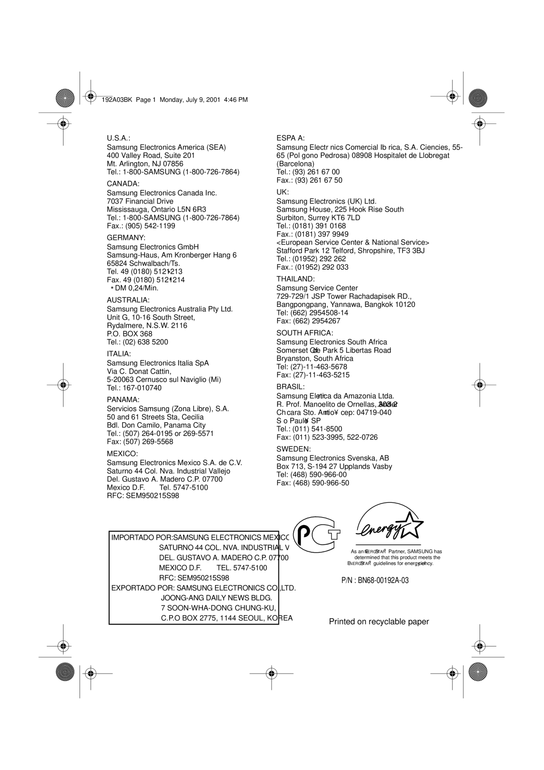 Samsung CN15VOSN/VNT manual Printed on recyclable paper 