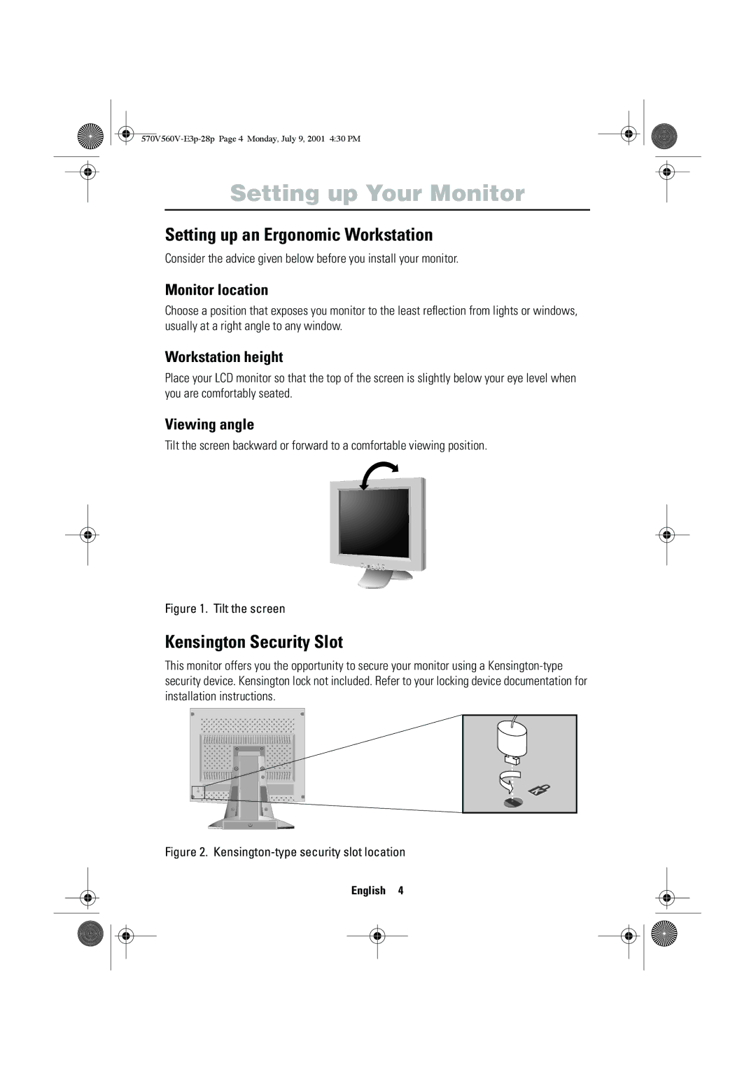 Samsung CN15VOSN/VNT manual Setting up Your Monitor, Setting up an Ergonomic Workstation, Kensington Security Slot 