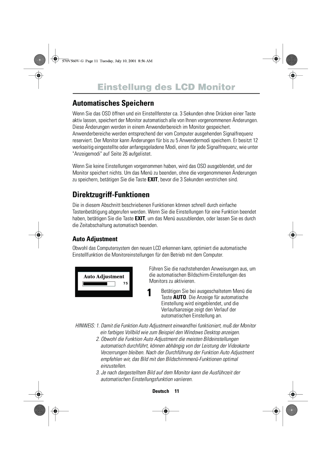 Samsung CN15VOSN/VNT manual Automatisches Speichern, Direktzugriff-Funktionen, Auto Adjustment 