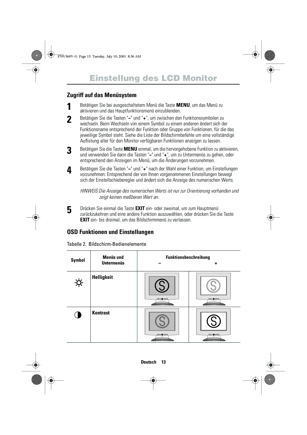 Samsung CN15VOSN/VNT manual Zugriff auf das Menüsystem, OSD Funktionen und Einstellungen, Helligkeit Kontrast 