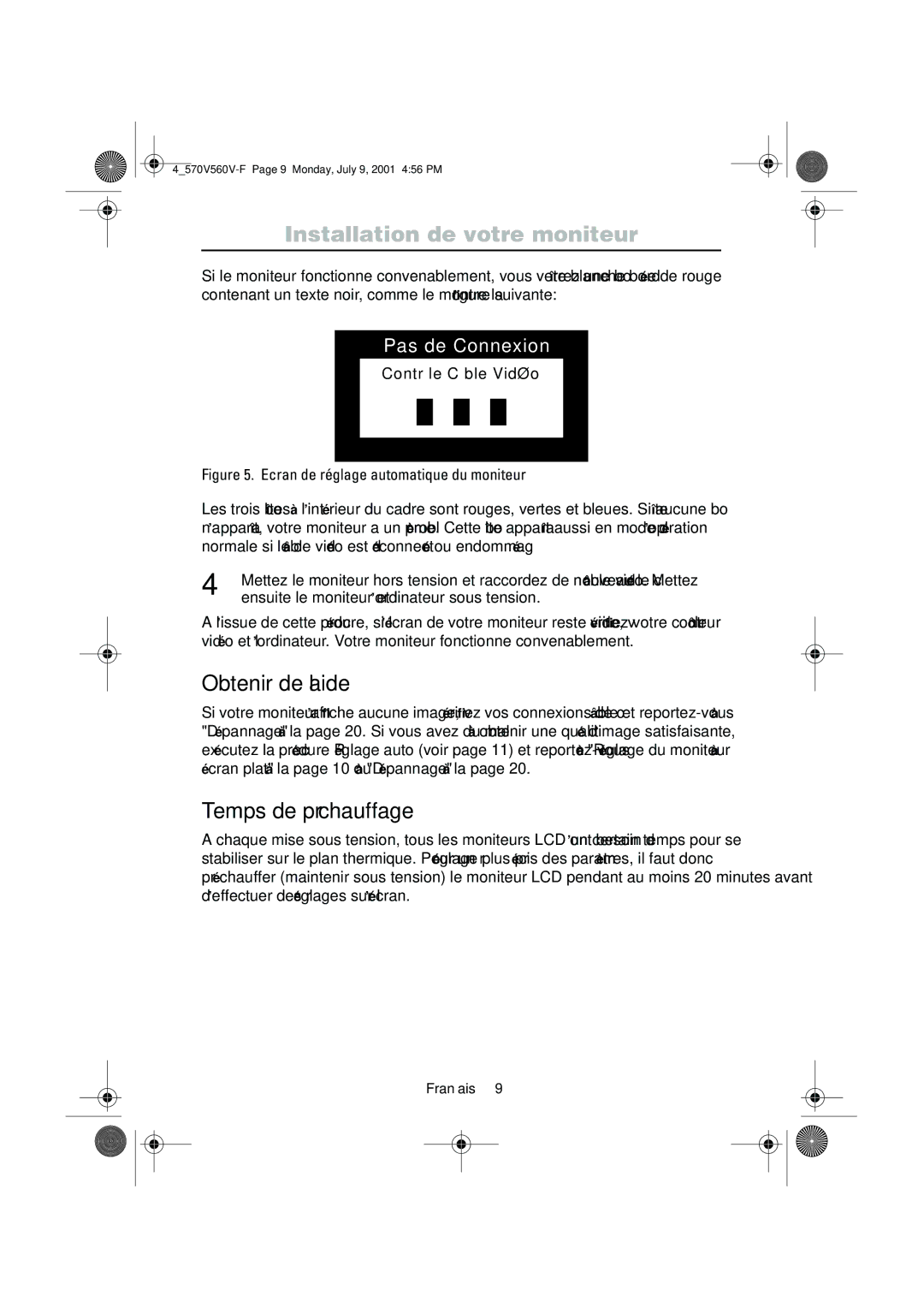 Samsung CN15VOSN/VNT manual Obtenir de l’aide, Temps de préchauffage, Ensuite le moniteur et l’ordinateur sous tension 